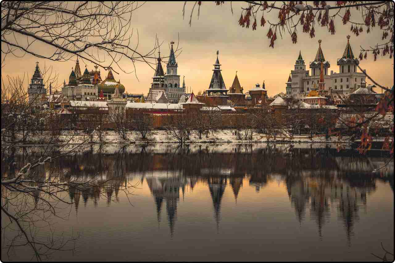 Historical buildings in Izmailovo Kremlin, showcasing Russian architecture in Moscow.